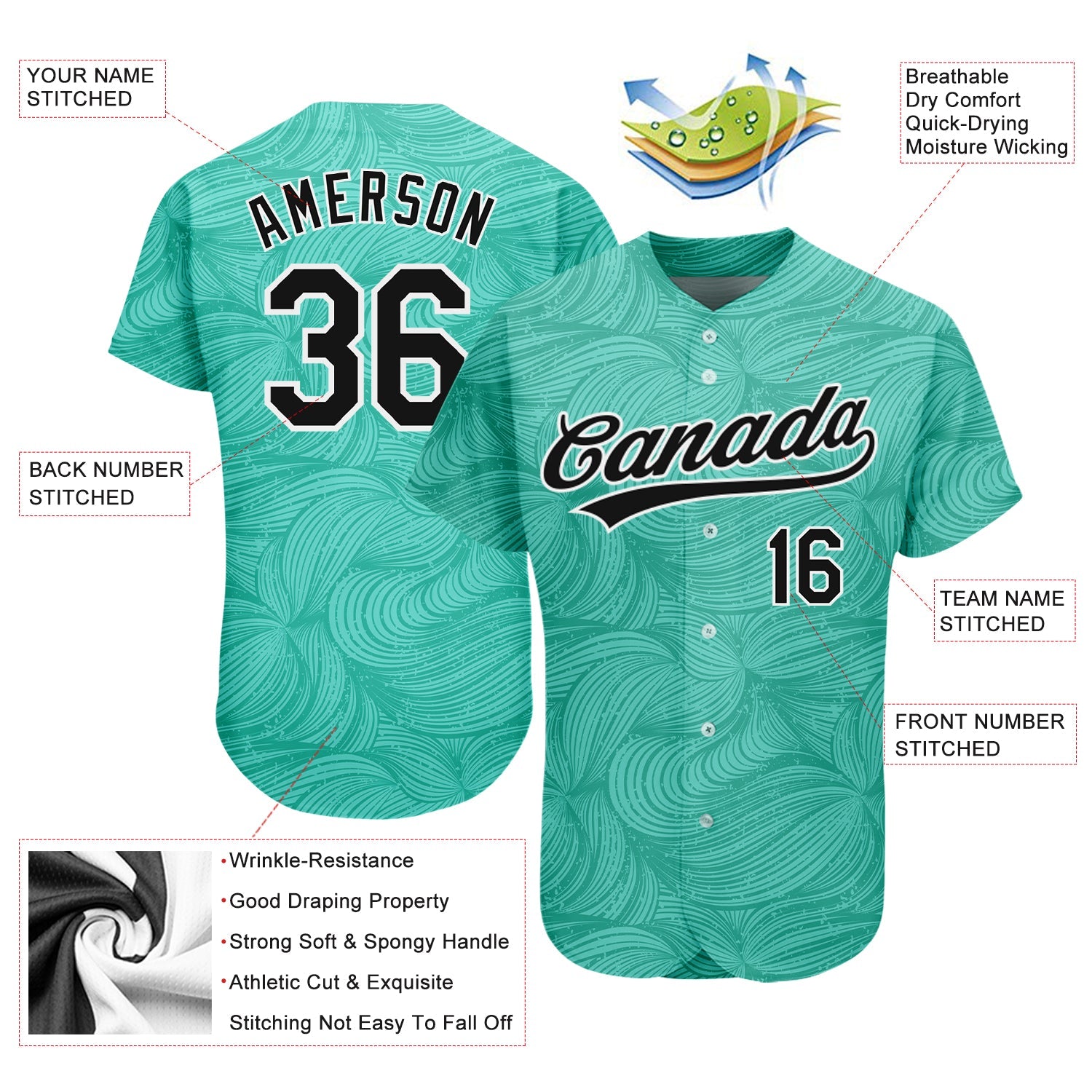 Custom Teal Black-White 3D Pattern Design Authentic Baseball Jersey view 3