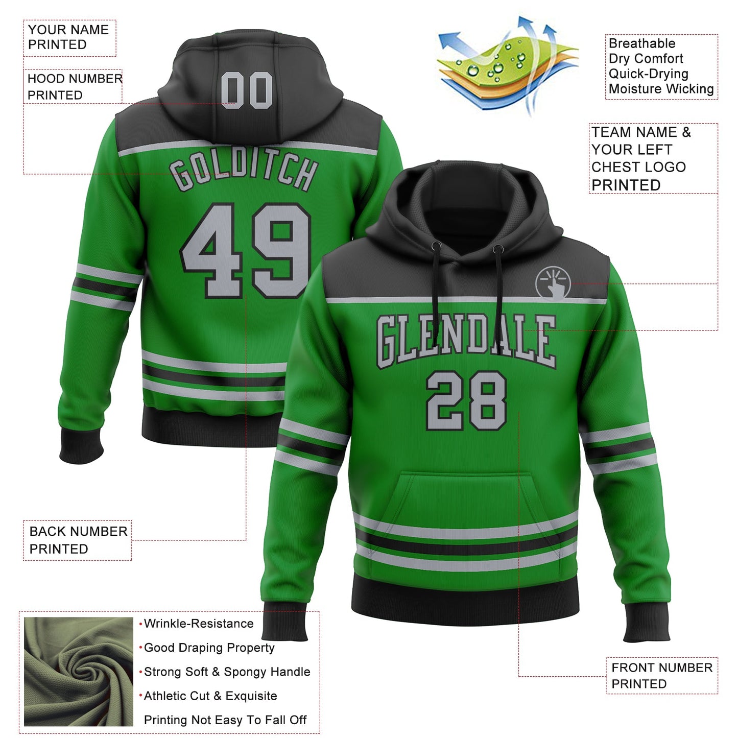 Custom Grass Green Gray-Black 3D Pattern Design Game Day Dallas Inspired Sports Pullover Sweatshirt Hoodie view 2