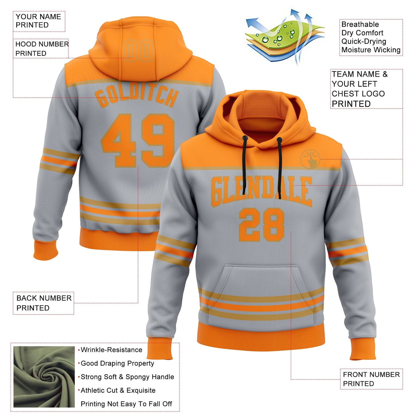 Custom Gray Bay Orange-Old Gold 3D Pattern Design Game Day Anaheim Inspired Sports Pullover Sweatshirt Hoodie view 2