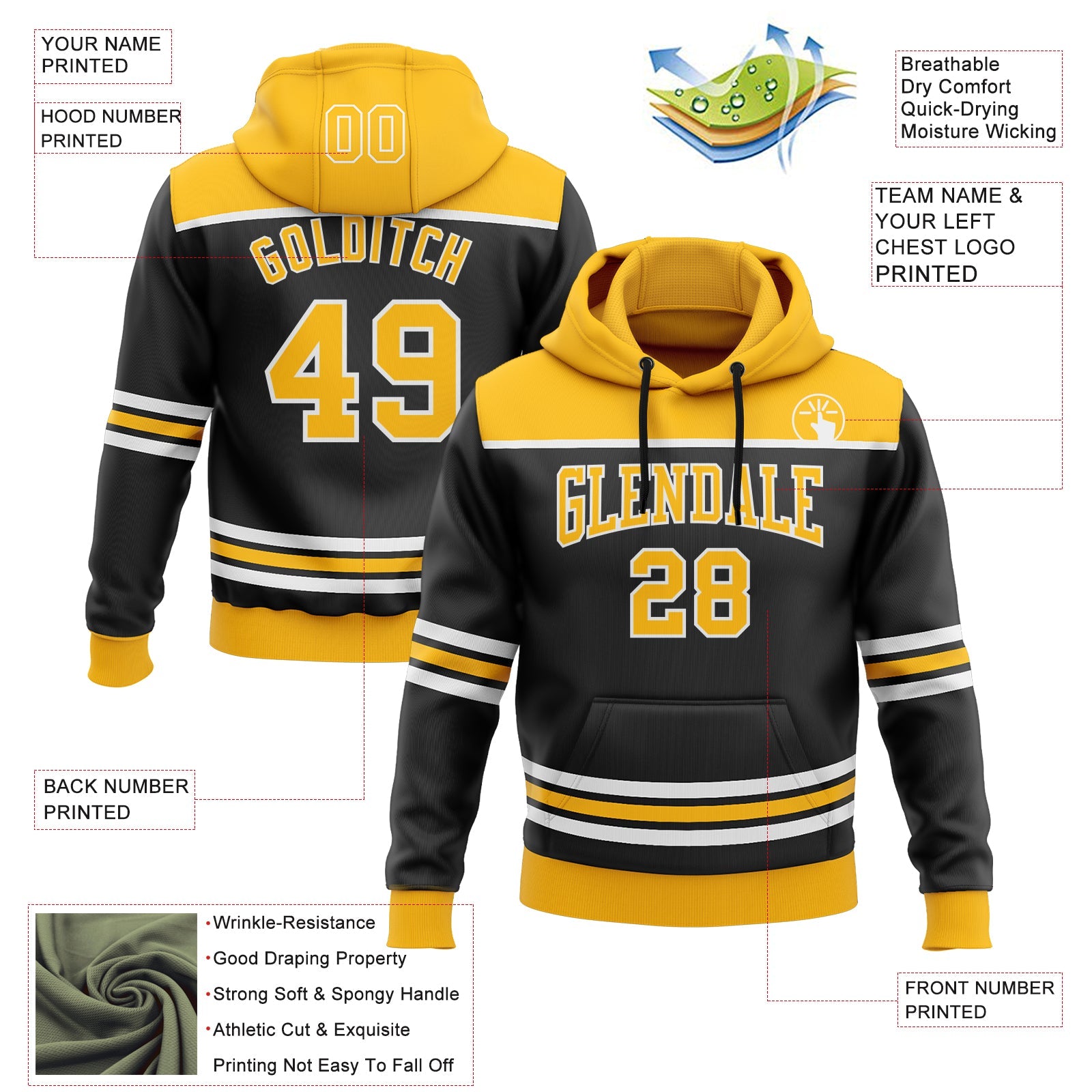 Custom Black Gold-White 3D Pattern Design Game Day Boston Inspired Sports Pullover Sweatshirt Hoodie view 2
