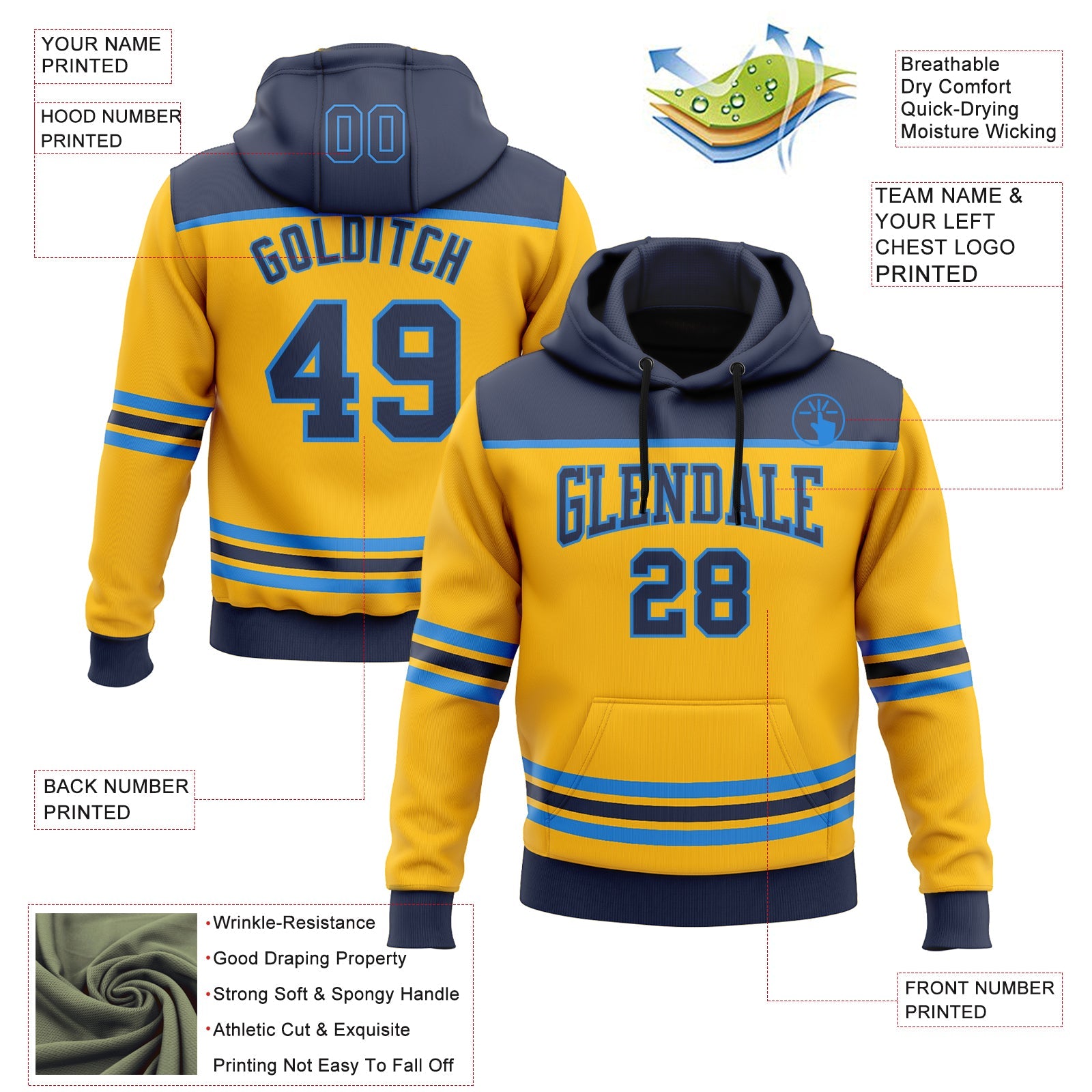 Custom Gold Navy-Powder Blue 3D Pattern Design Game Day Nashville Inspired Sports Pullover Sweatshirt Hoodie view 2