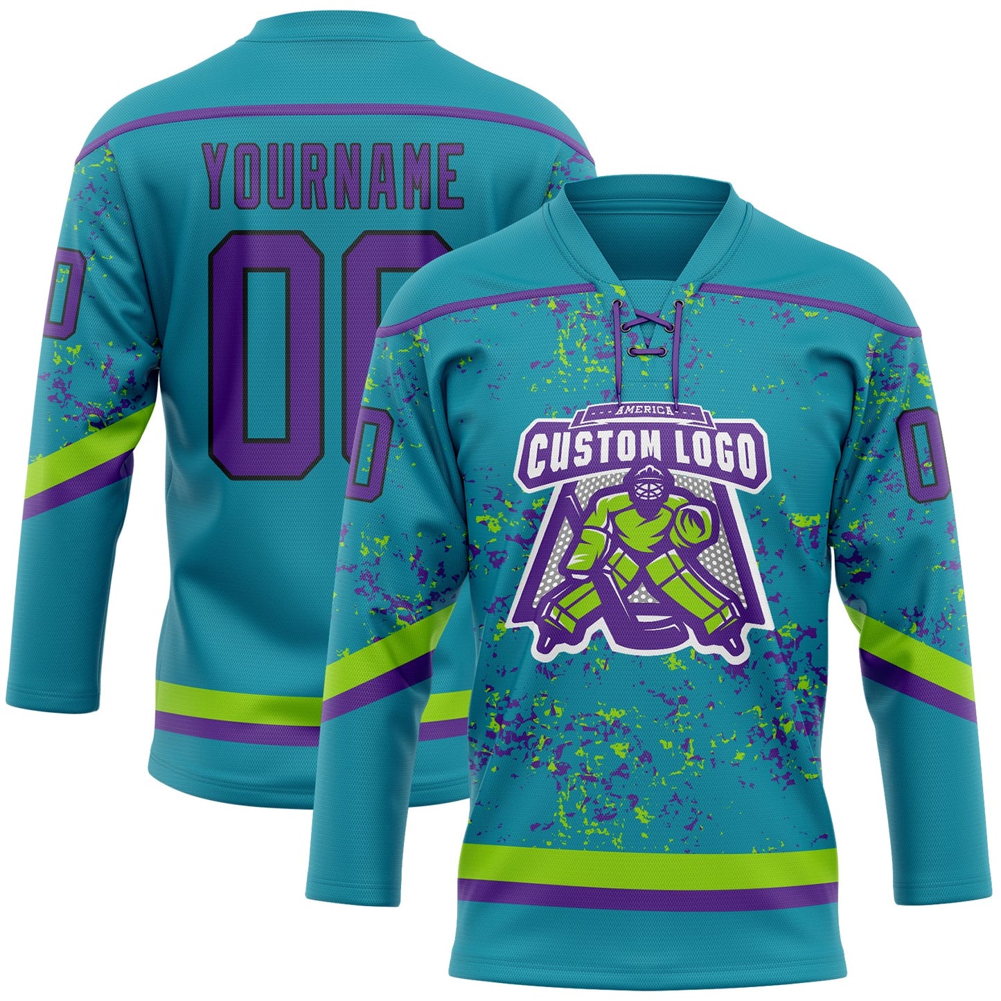 Custom Teal Purple Neon Green-Black 3D Pattern Fragment Art Hockey Lace Neck Jersey view 2