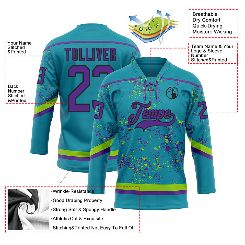 Custom Teal Purple Neon Green-Black 3D Pattern Fragment Art Hockey Lace Neck Jersey view 3