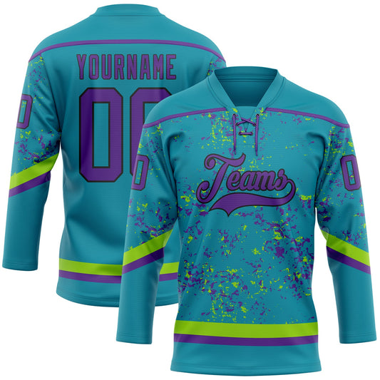 Custom Teal Purple Neon Green-Black 3D Pattern Fragment Art Hockey Lace Neck Jersey - Main View