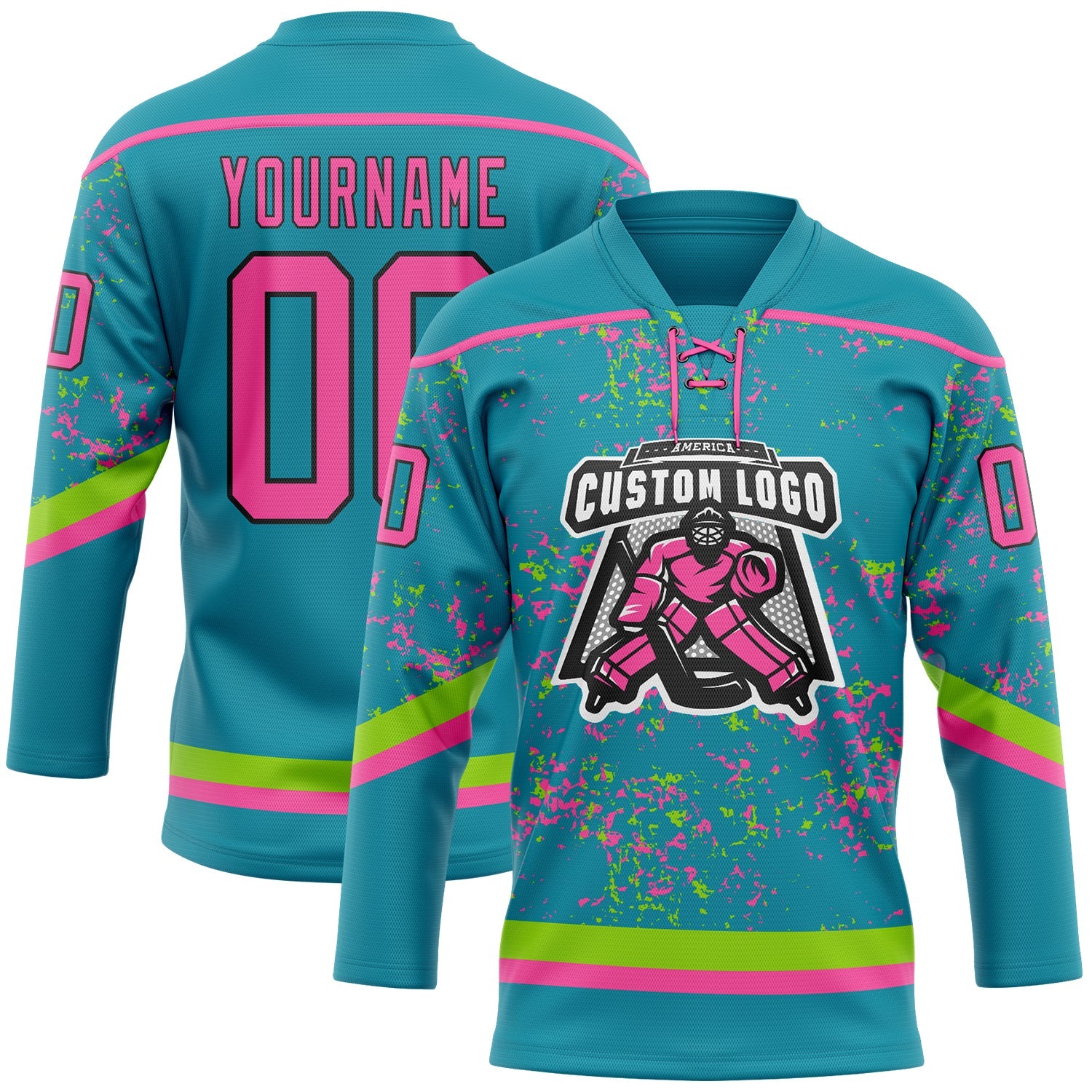 Custom Teal Pink Neon Green-Black 3D Pattern Fragment Art Hockey Lace Neck Jersey view 2