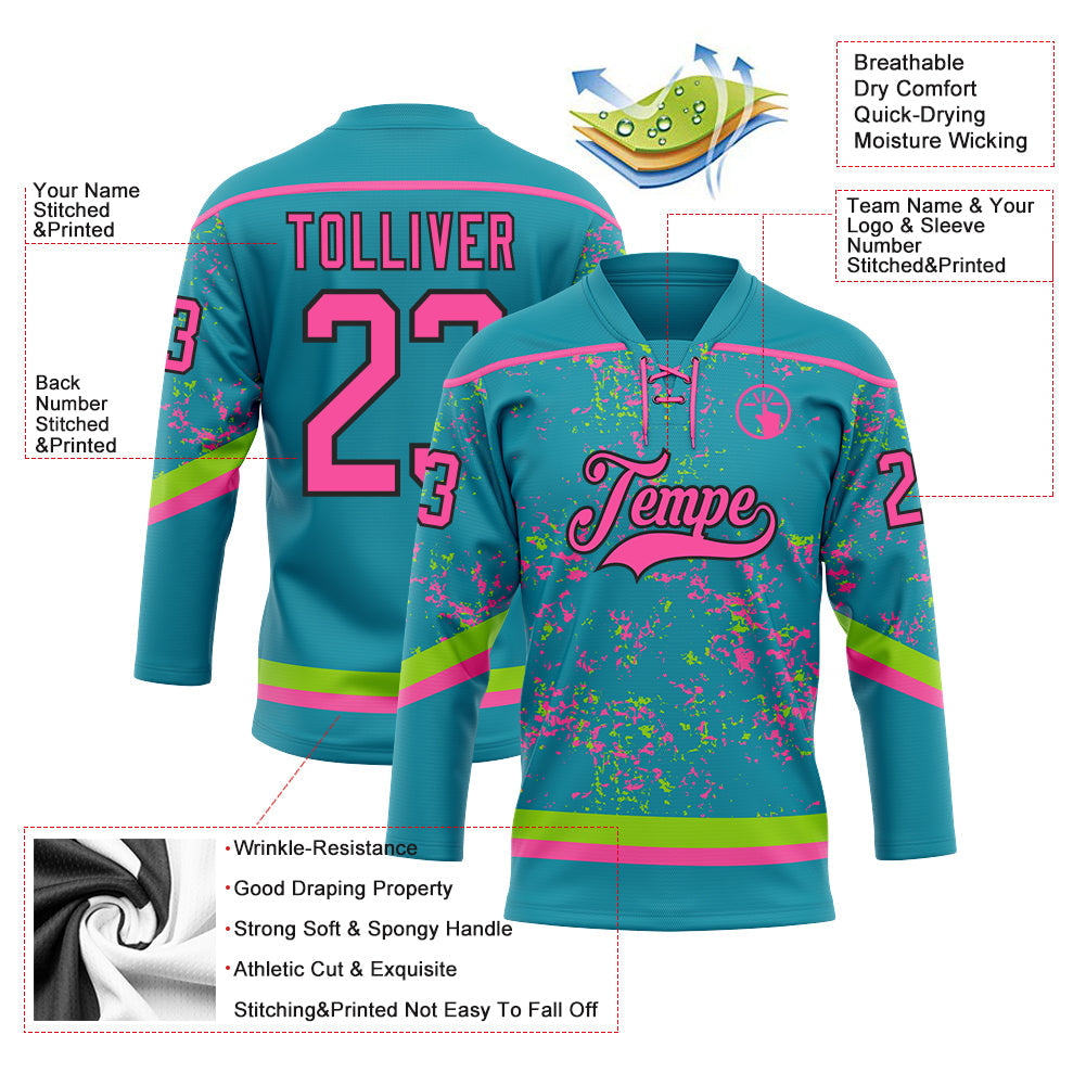 Custom Teal Pink Neon Green-Black 3D Pattern Fragment Art Hockey Lace Neck Jersey view 3
