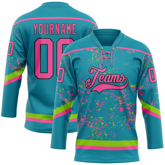 Custom Teal Pink Neon Green-Black 3D Pattern Fragment Art Hockey Lace Neck Jersey - Main View