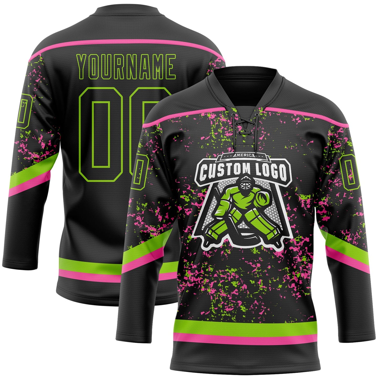 Custom Black Neon Green-Pink 3D Pattern Fragment Art Hockey Lace Neck Jersey view 2