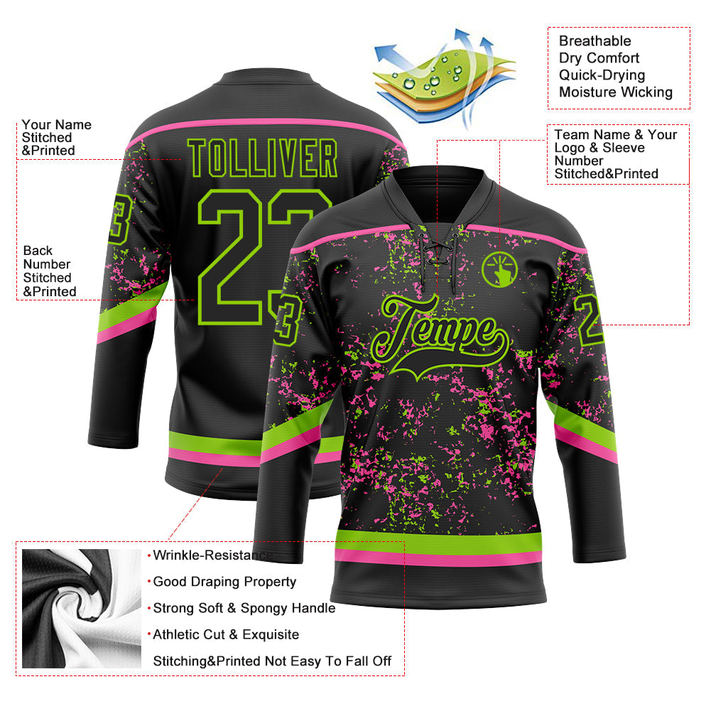 Custom Black Neon Green-Pink 3D Pattern Fragment Art Hockey Lace Neck Jersey view 3