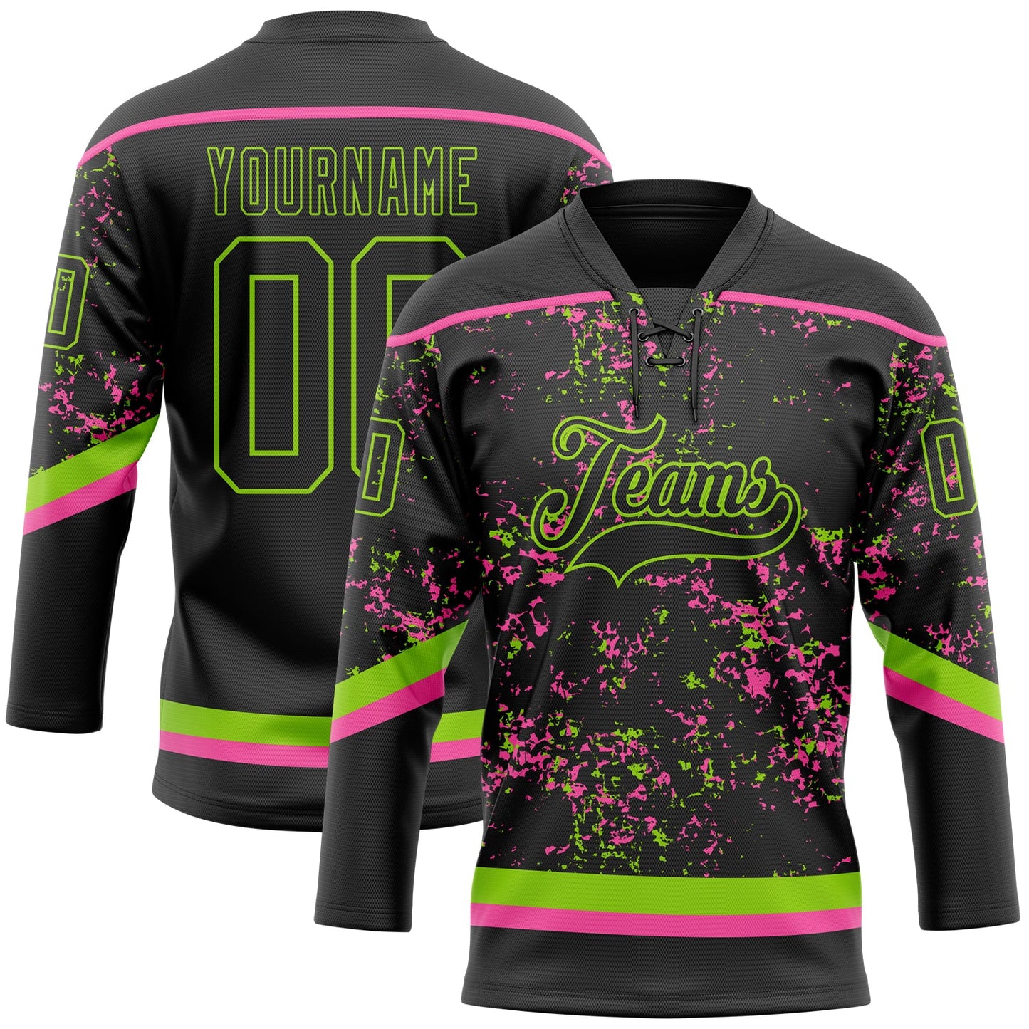 Custom Black Neon Green-Pink 3D Pattern Fragment Art Hockey Lace Neck Jersey - Main View