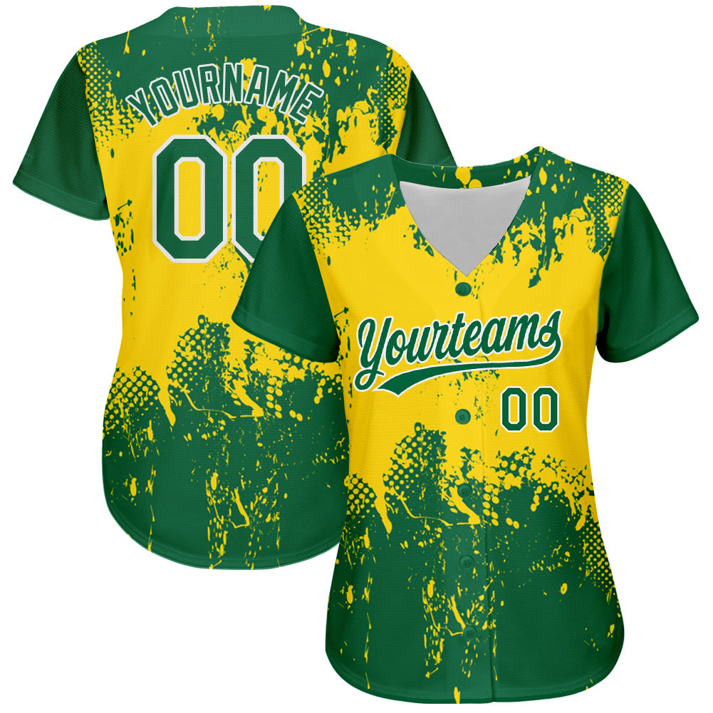Custom Gold Green-White 3D Pattern Design Authentic Baseball Jersey view 2