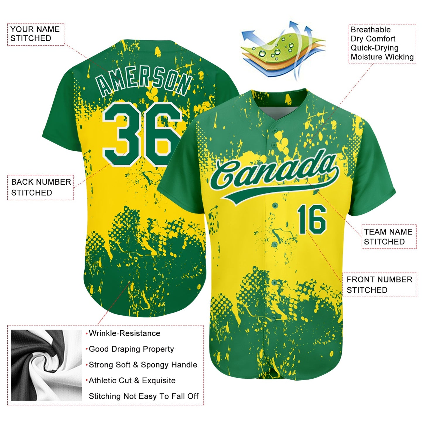 Custom Gold Green-White 3D Pattern Design Authentic Baseball Jersey view 3
