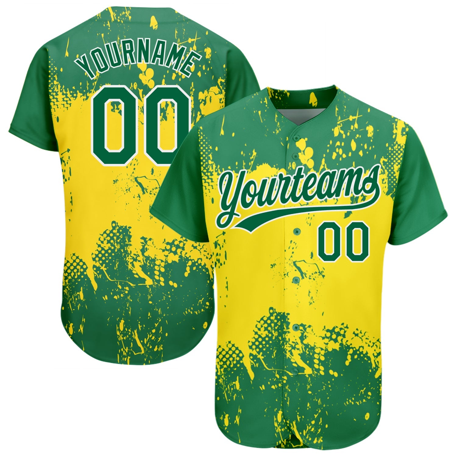 Custom Gold Green-White 3D Pattern Design Authentic Baseball Jersey - Main View