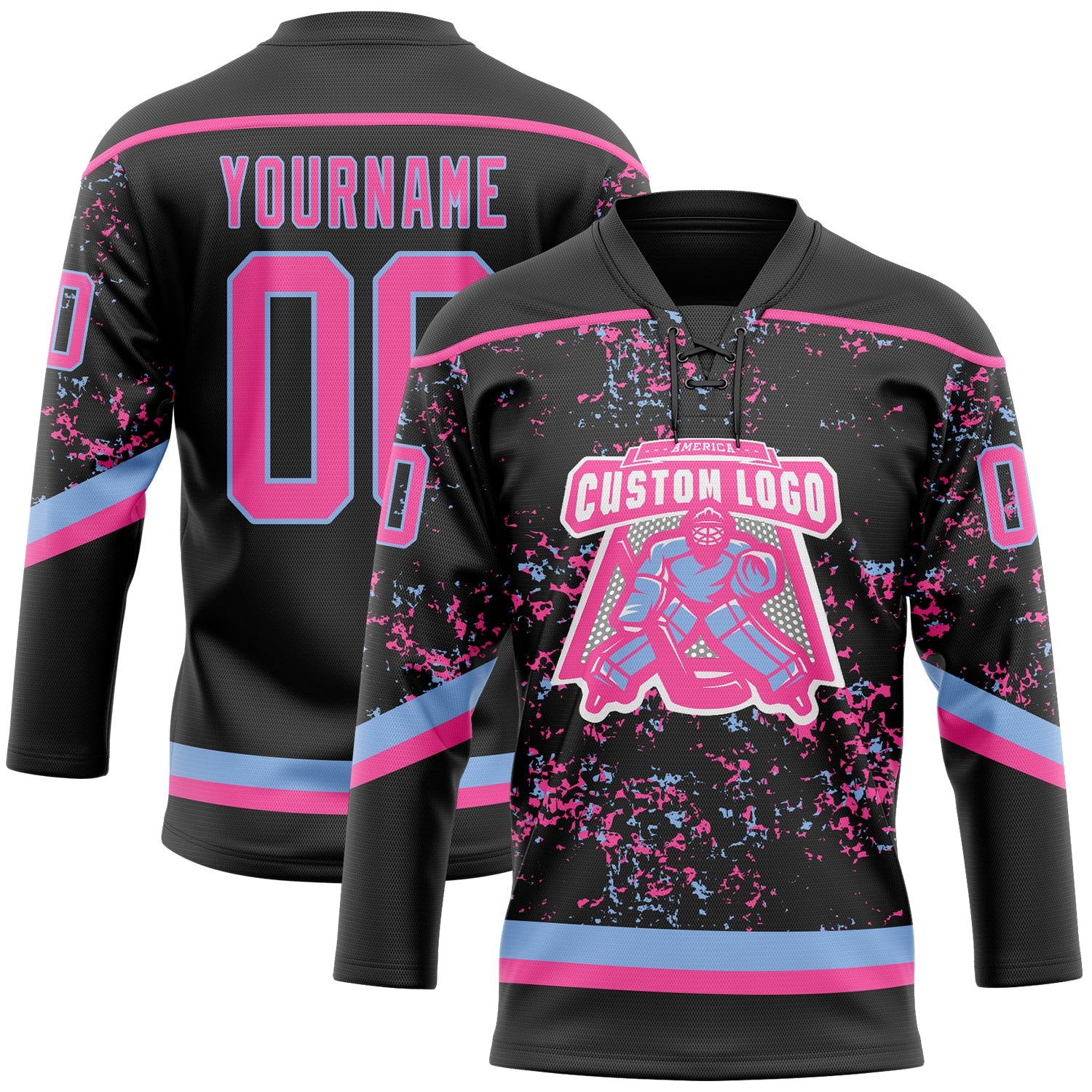 Custom Black Pink-Light Blue 3D Pattern Fragment Art Hockey Lace Neck Jersey view 2