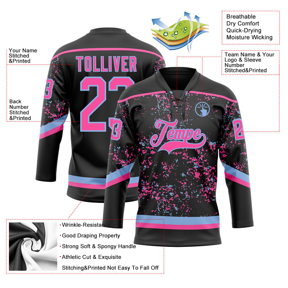 Custom Black Pink-Light Blue 3D Pattern Fragment Art Hockey Lace Neck Jersey view 3
