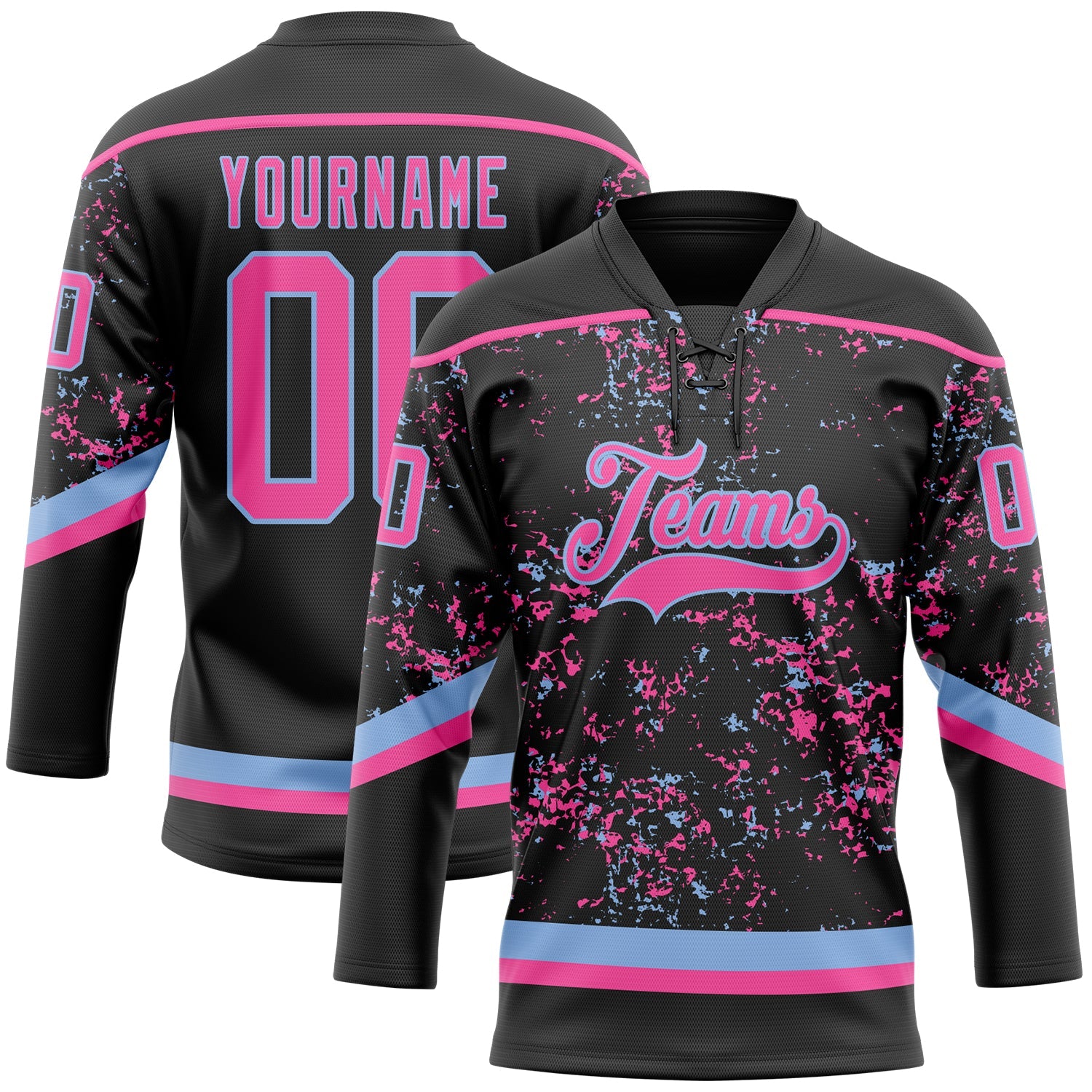 Custom Black Pink-Light Blue 3D Pattern Fragment Art Hockey Lace Neck Jersey - Main View