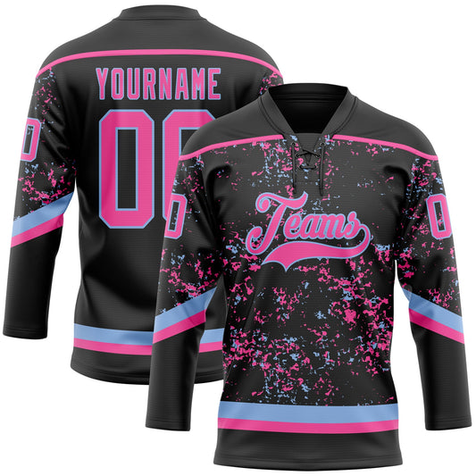 Custom Black Pink-Light Blue 3D Pattern Fragment Art Hockey Lace Neck Jersey - Main View