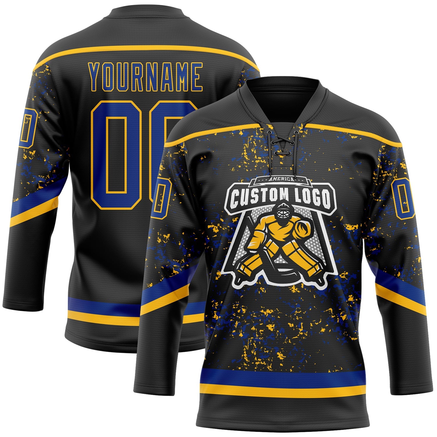 Custom Black Royal-Gold 3D Pattern Fragment Art Hockey Lace Neck Jersey view 2