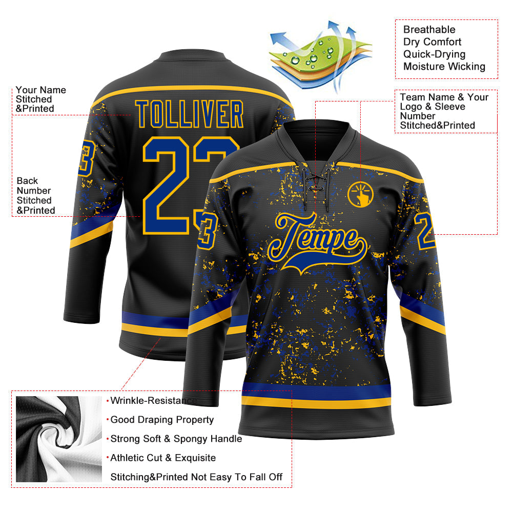 Custom Black Royal-Gold 3D Pattern Fragment Art Hockey Lace Neck Jersey view 3