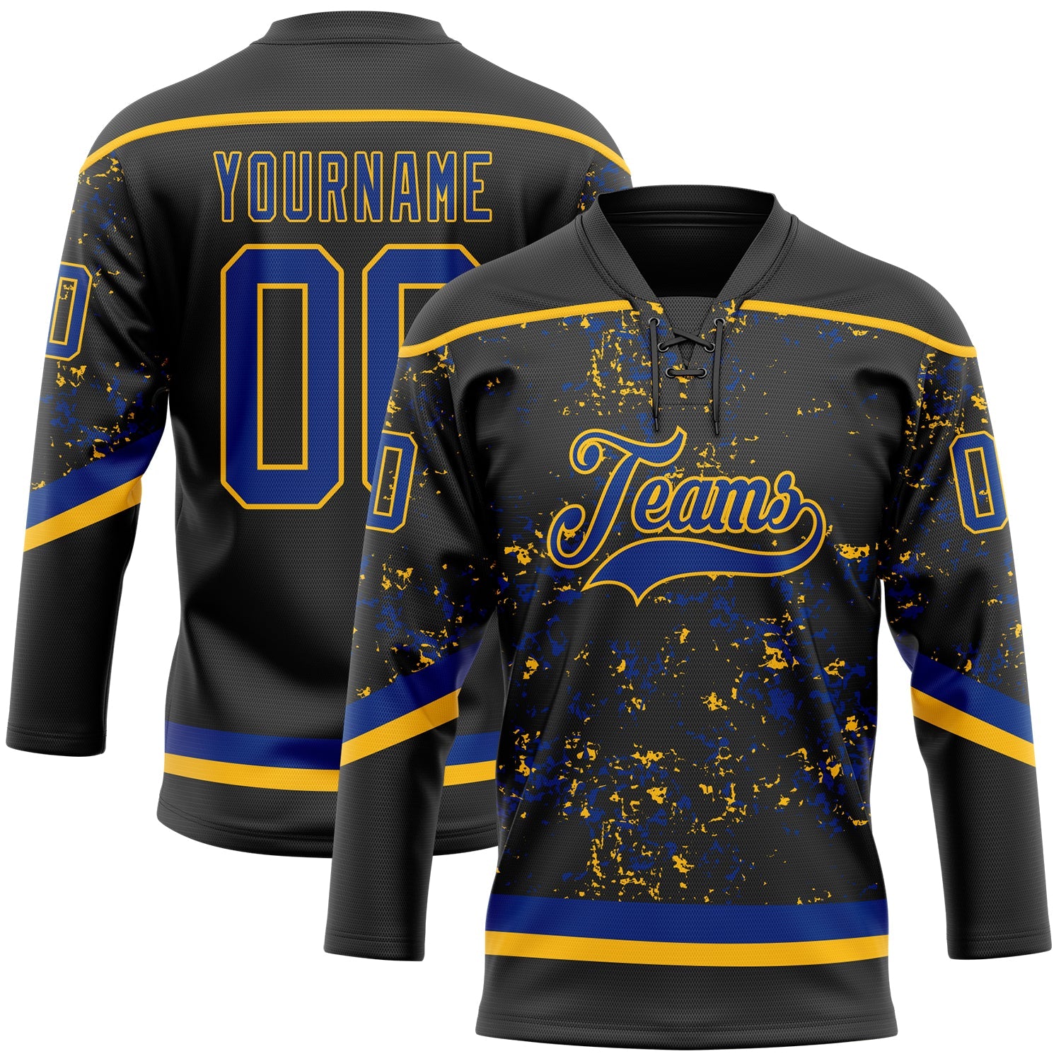 Custom Black Royal-Gold 3D Pattern Fragment Art Hockey Lace Neck Jersey - Main View