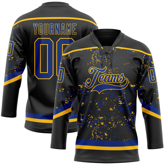 Custom Black Royal-Gold 3D Pattern Fragment Art Hockey Lace Neck Jersey - Main View