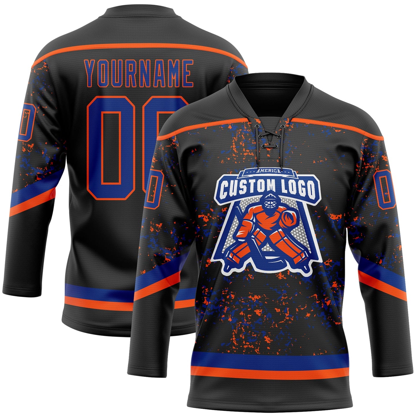 Custom Black Royal-Orange 3D Pattern Fragment Art Hockey Lace Neck Jersey view 2