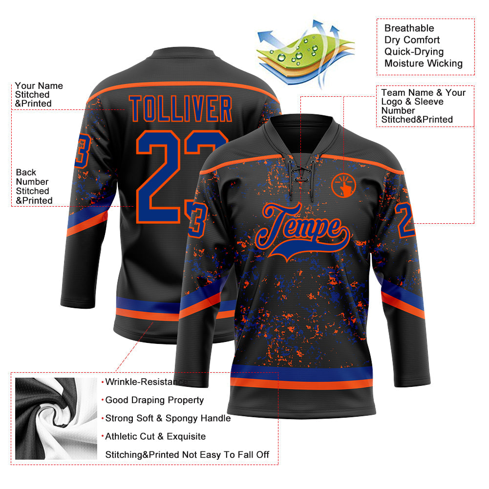 Custom Black Royal-Orange 3D Pattern Fragment Art Hockey Lace Neck Jersey view 3