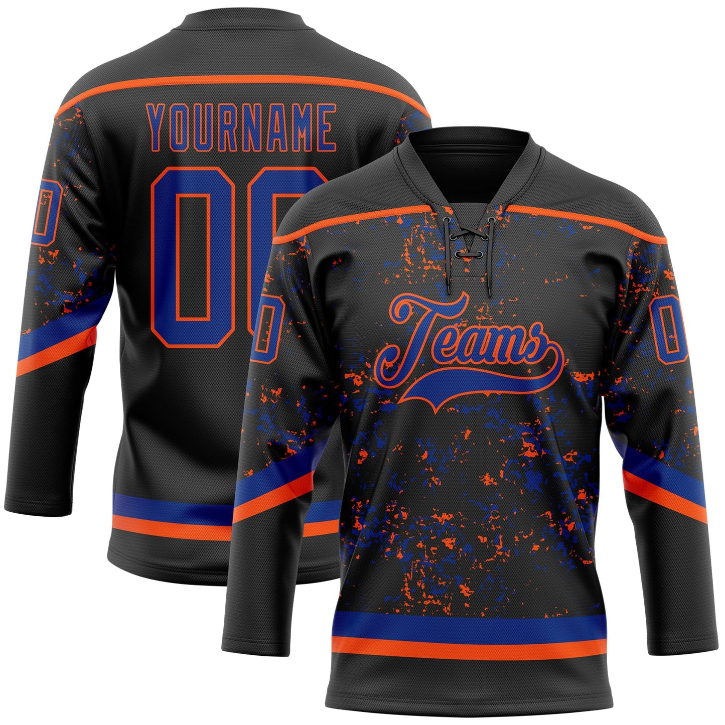 Custom Black Royal-Orange 3D Pattern Fragment Art Hockey Lace Neck Jersey - Main View