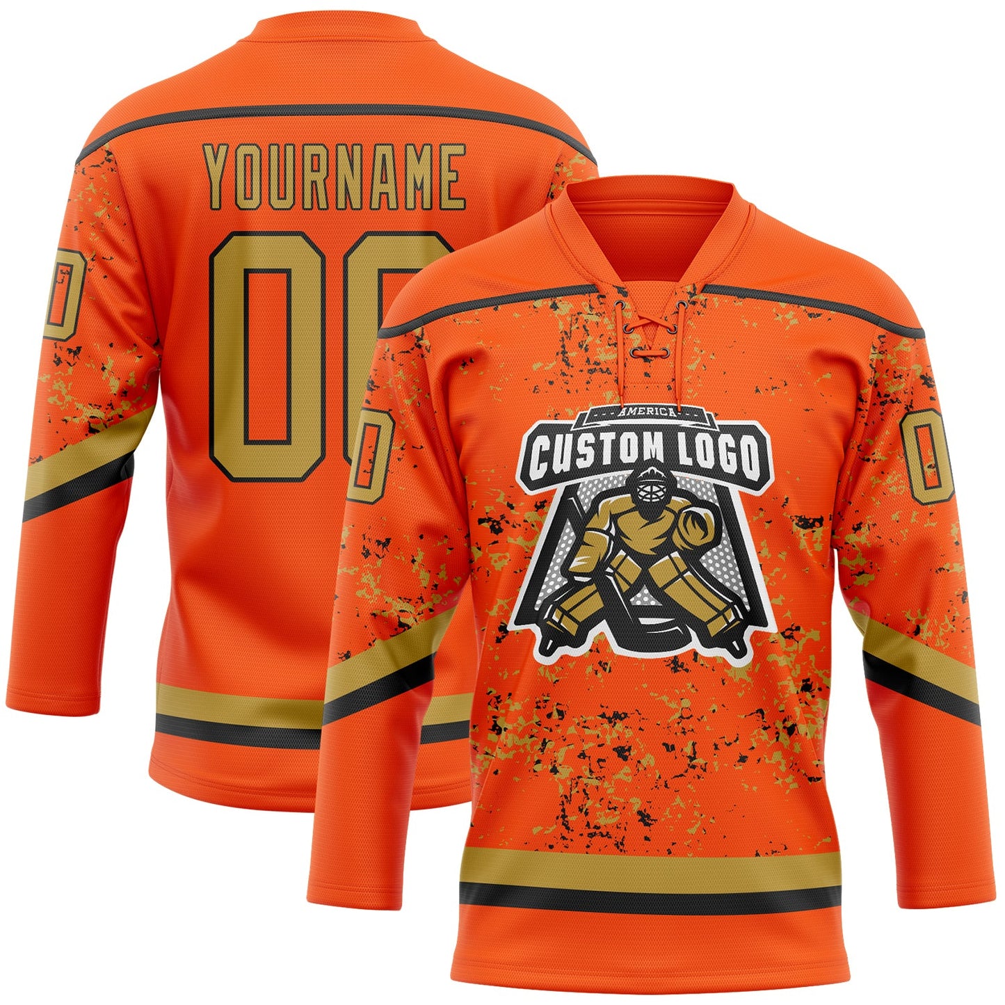 Custom Orange Old Gold-Black 3D Pattern Fragment Art Hockey Lace Neck Jersey view 2