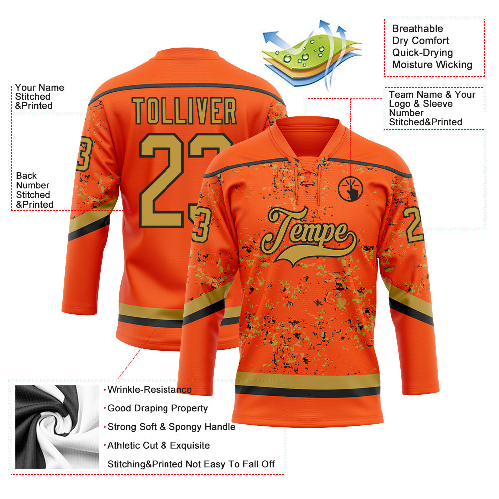 Custom Orange Old Gold-Black 3D Pattern Fragment Art Hockey Lace Neck Jersey view 3