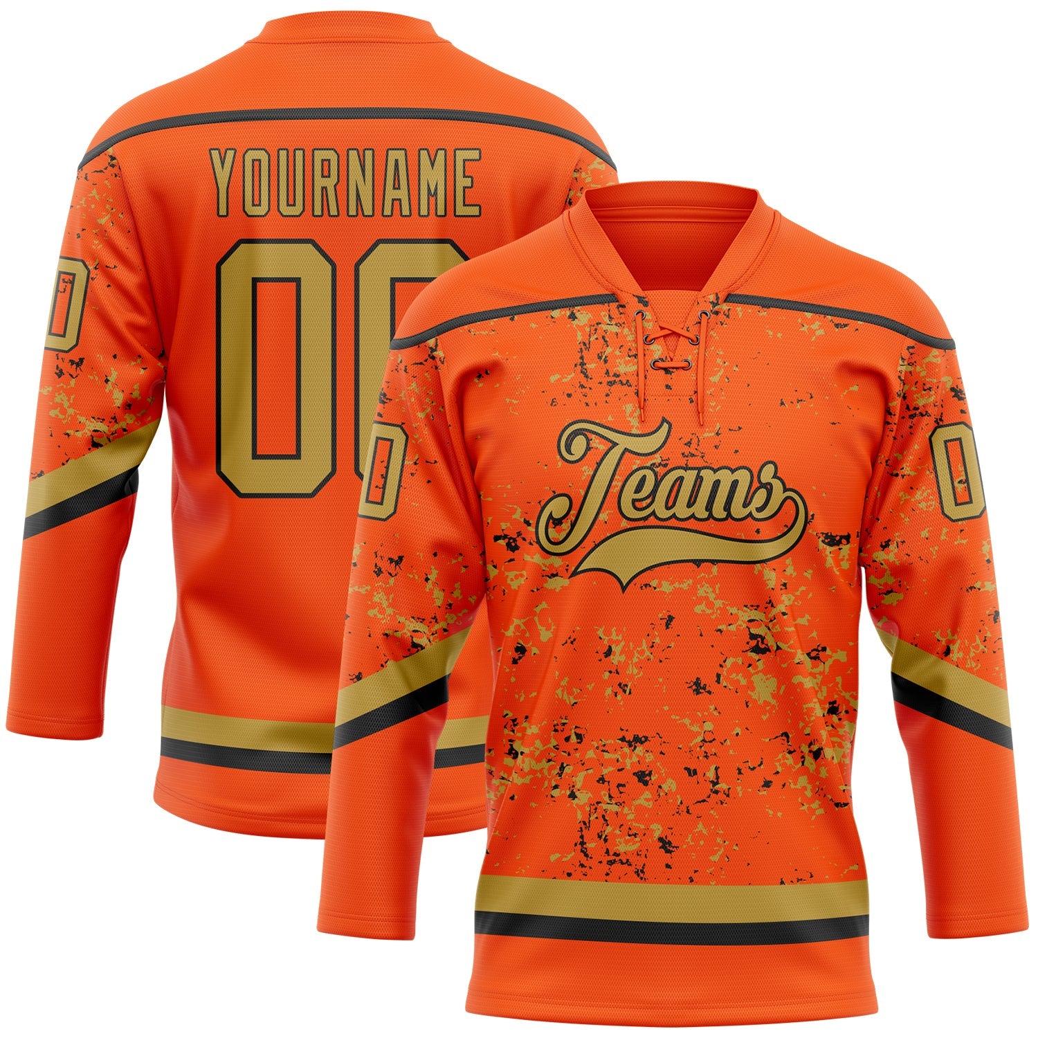 Custom Orange Old Gold-Black 3D Pattern Fragment Art Hockey Lace Neck Jersey - Main View