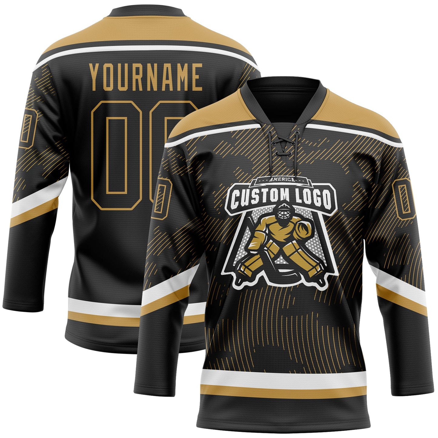 Custom Black Old Gold-White 3D Pattern Curve Lines Hockey Lace Neck Jersey view 2