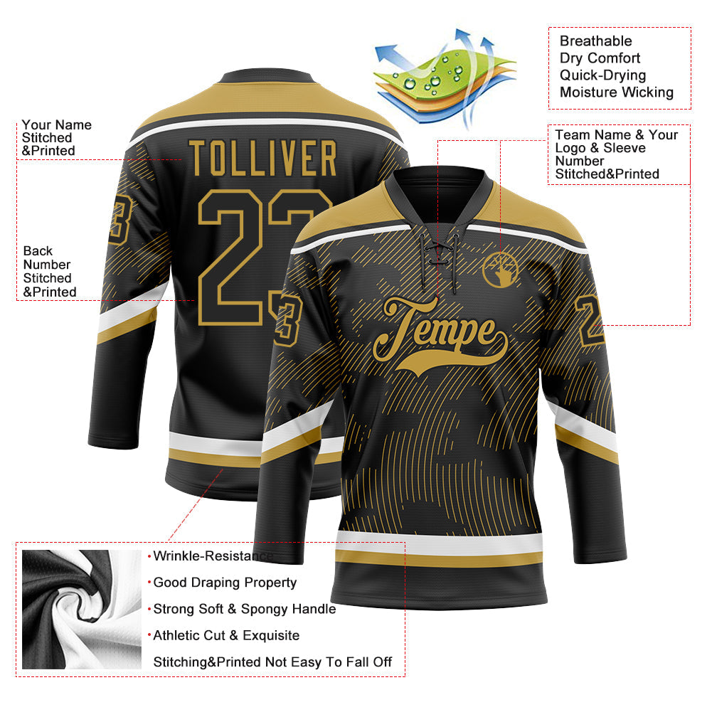 Custom Black Old Gold-White 3D Pattern Curve Lines Hockey Lace Neck Jersey view 3