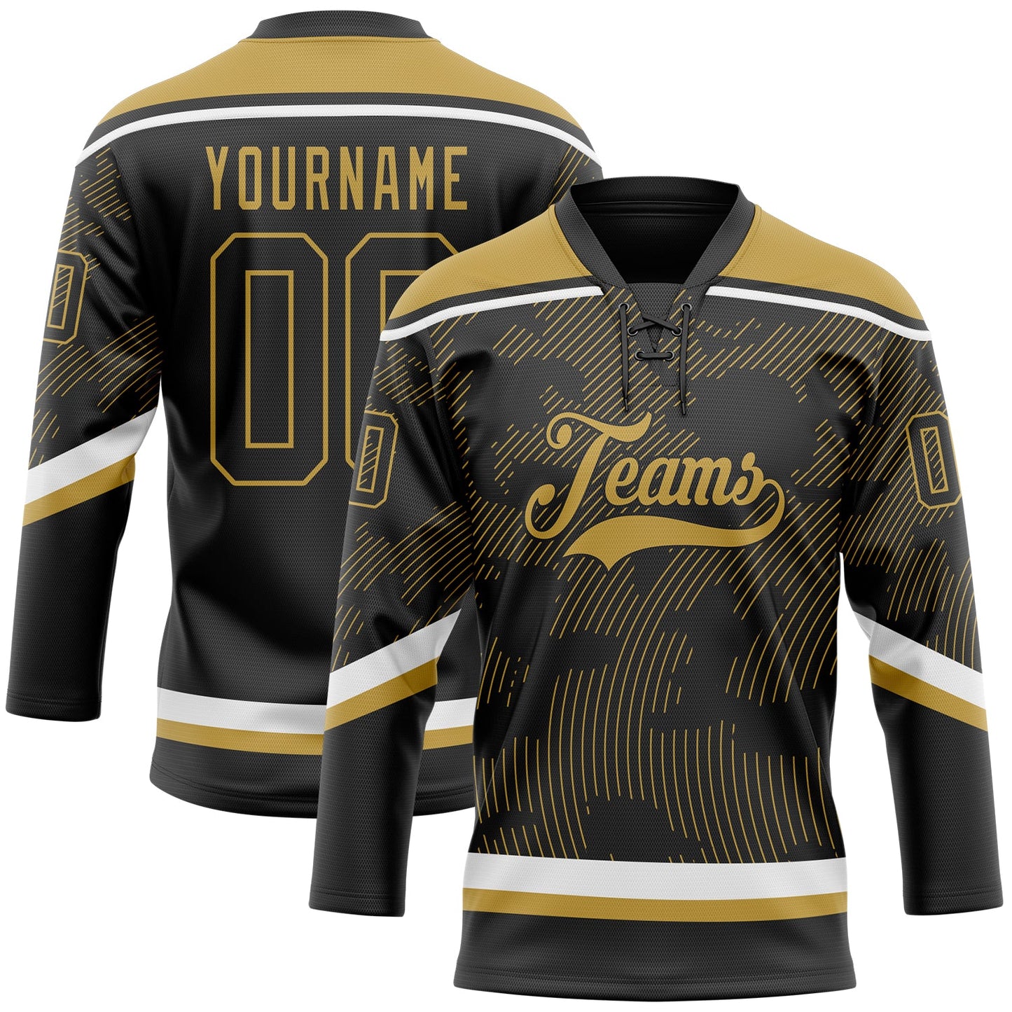 Custom Black Old Gold-White 3D Pattern Curve Lines Hockey Lace Neck Jersey - Main View