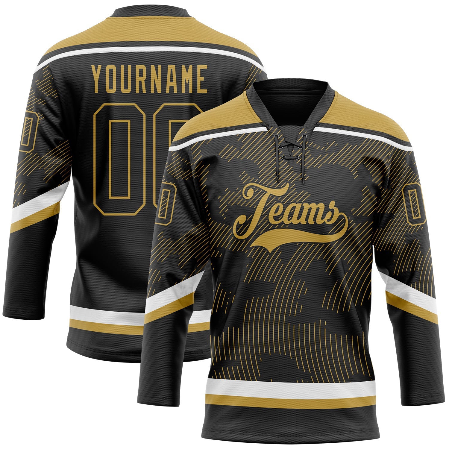 Custom Black Old Gold-White 3D Pattern Curve Lines Hockey Lace Neck Jersey - Main View