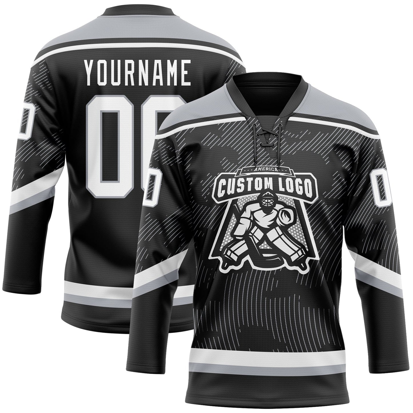 Custom Black White-Gray 3D Pattern Curve Lines Hockey Lace Neck Jersey view 2