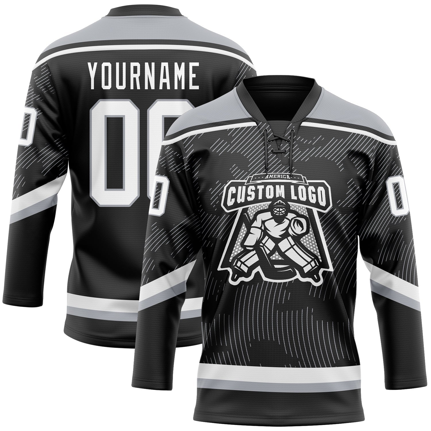 Custom Black White-Gray 3D Pattern Curve Lines Hockey Lace Neck Jersey view 2