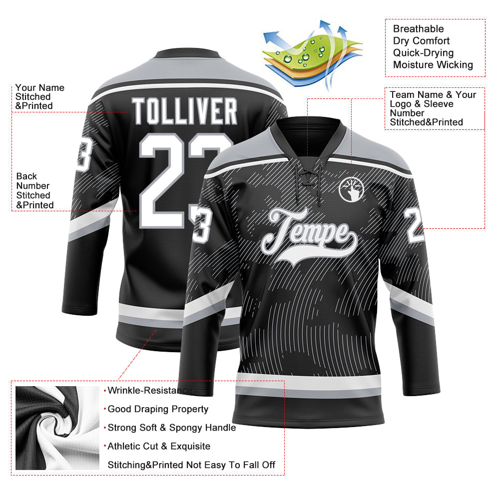 Custom Black White-Gray 3D Pattern Curve Lines Hockey Lace Neck Jersey view 3