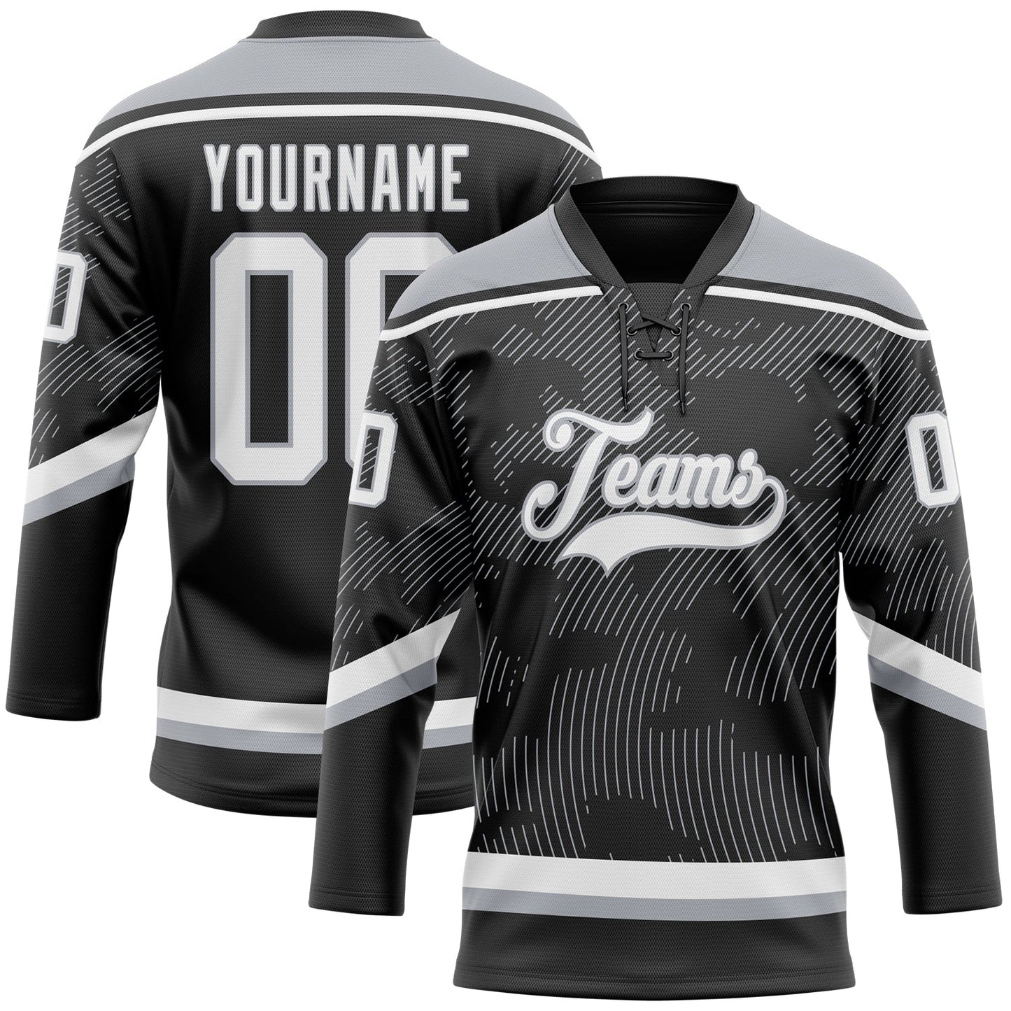 Custom Black White-Gray 3D Pattern Curve Lines Hockey Lace Neck Jersey - Main View