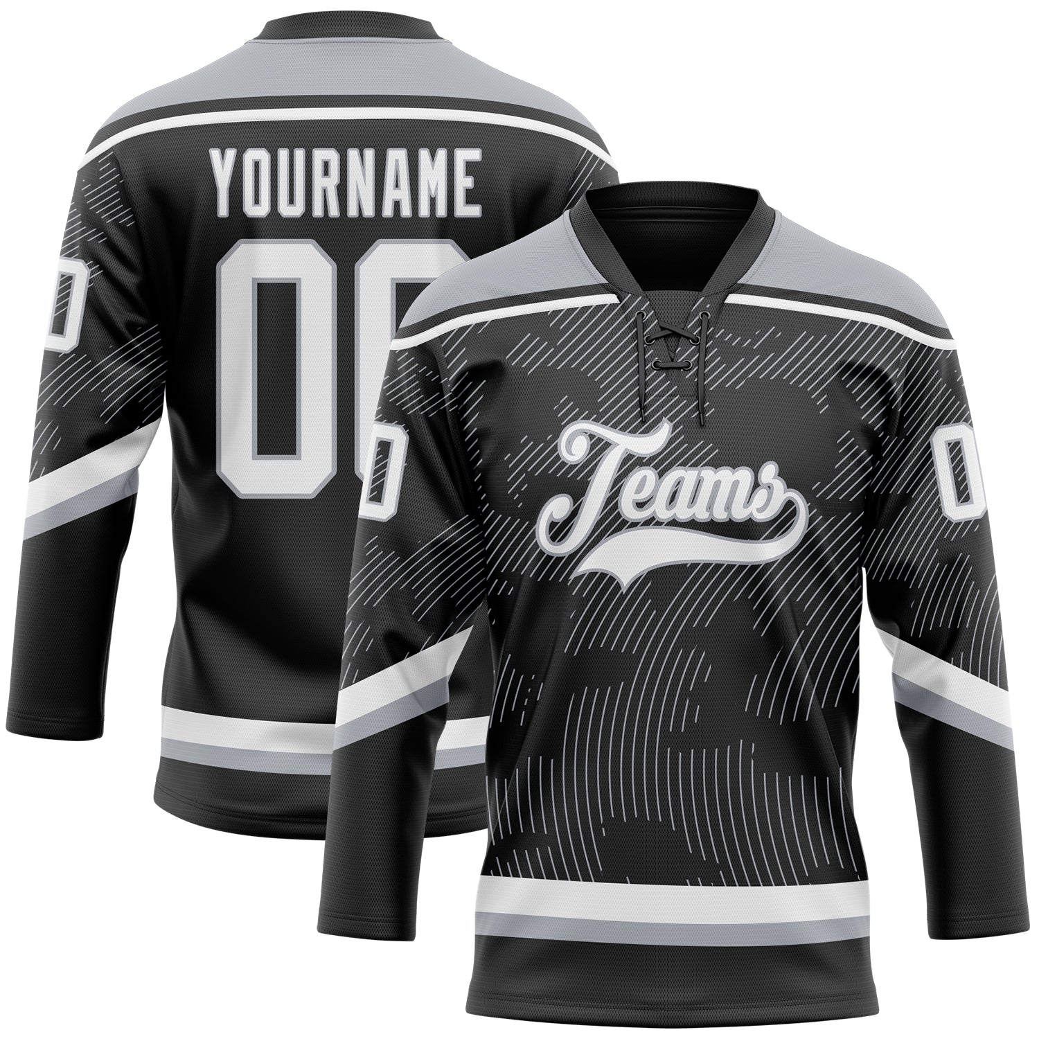 Custom Black White-Gray 3D Pattern Curve Lines Hockey Lace Neck Jersey - Main View