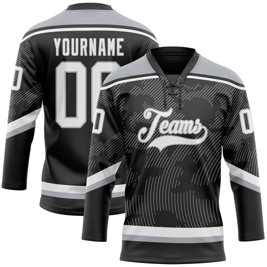 Custom Black White-Gray 3D Pattern Curve Lines Hockey Lace Neck Jersey - Main View