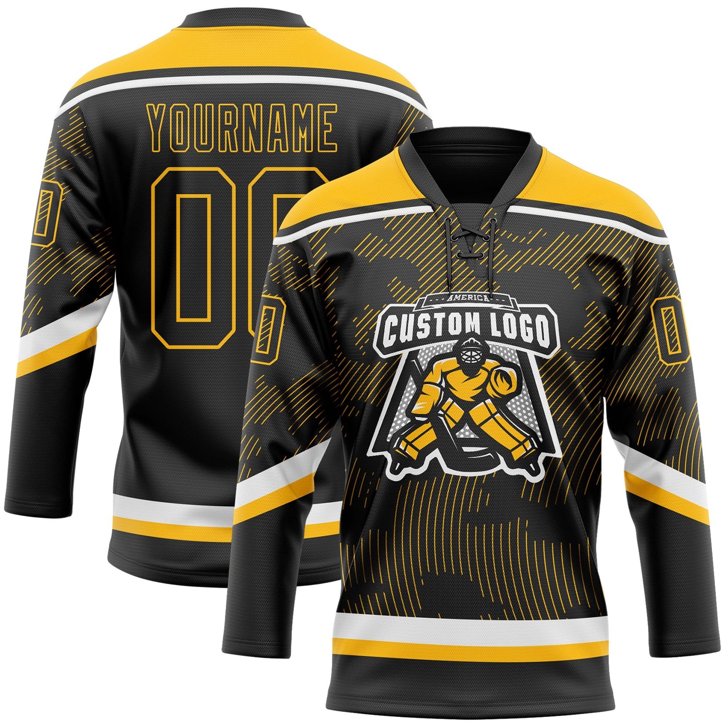 Custom Black Gold-White 3D Pattern Curve Lines Hockey Lace Neck Jersey view 2