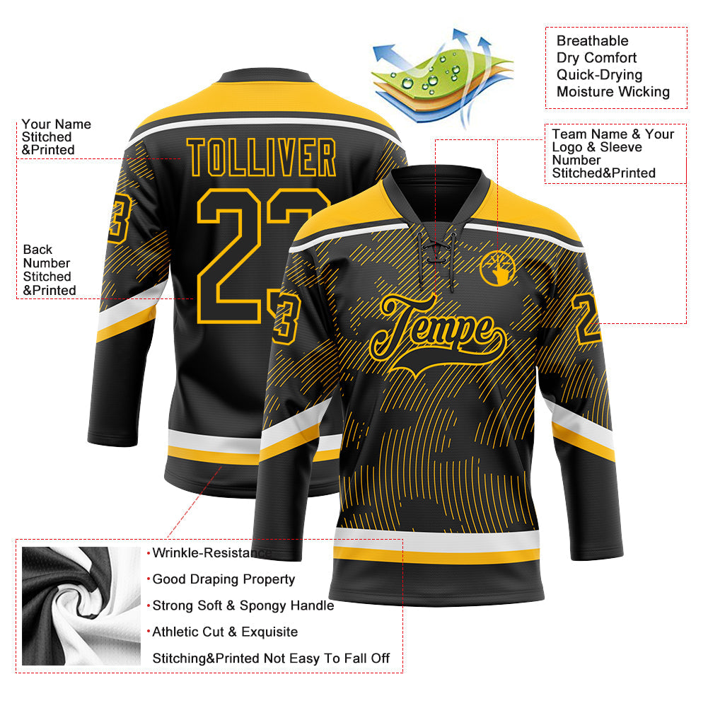 Custom Black Gold-White 3D Pattern Curve Lines Hockey Lace Neck Jersey view 3