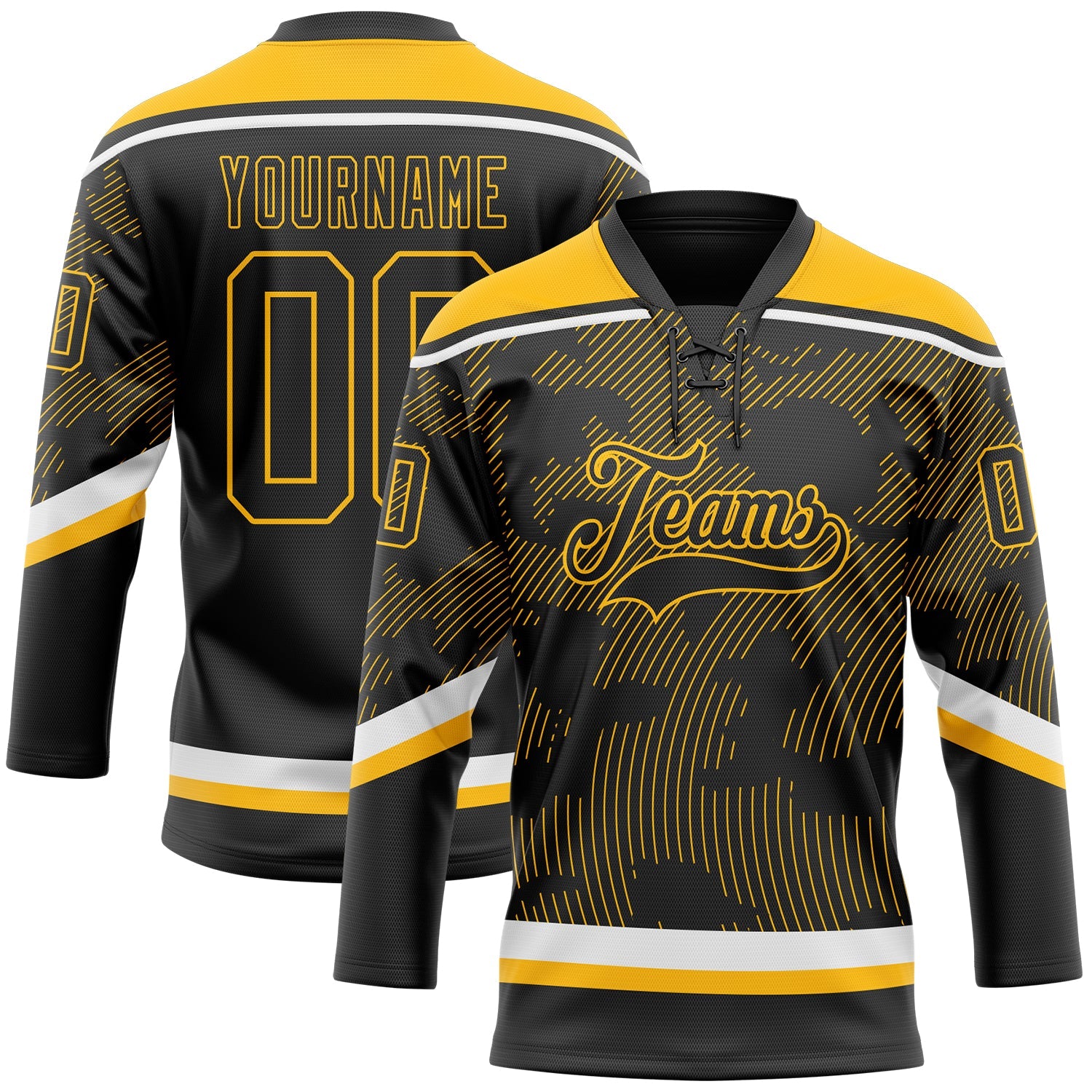 Custom Black Gold-White 3D Pattern Curve Lines Hockey Lace Neck Jersey - Main View