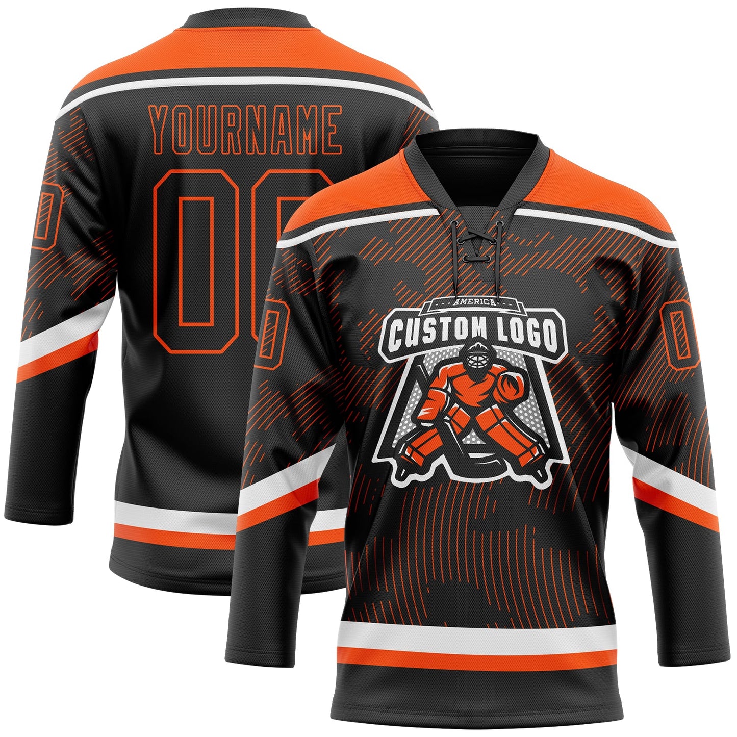 Custom Black Orange-White 3D Pattern Curve Lines Hockey Lace Neck Jersey view 2