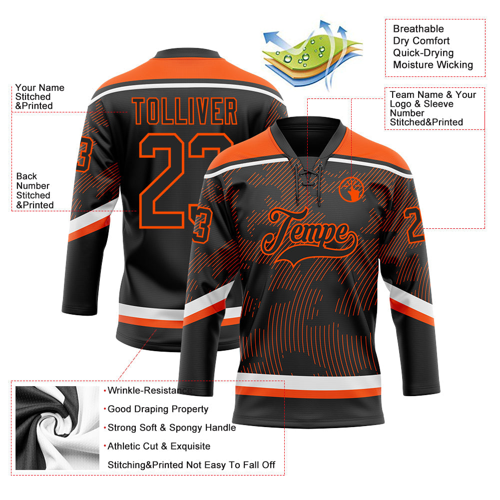 Custom Black Orange-White 3D Pattern Curve Lines Hockey Lace Neck Jersey view 3