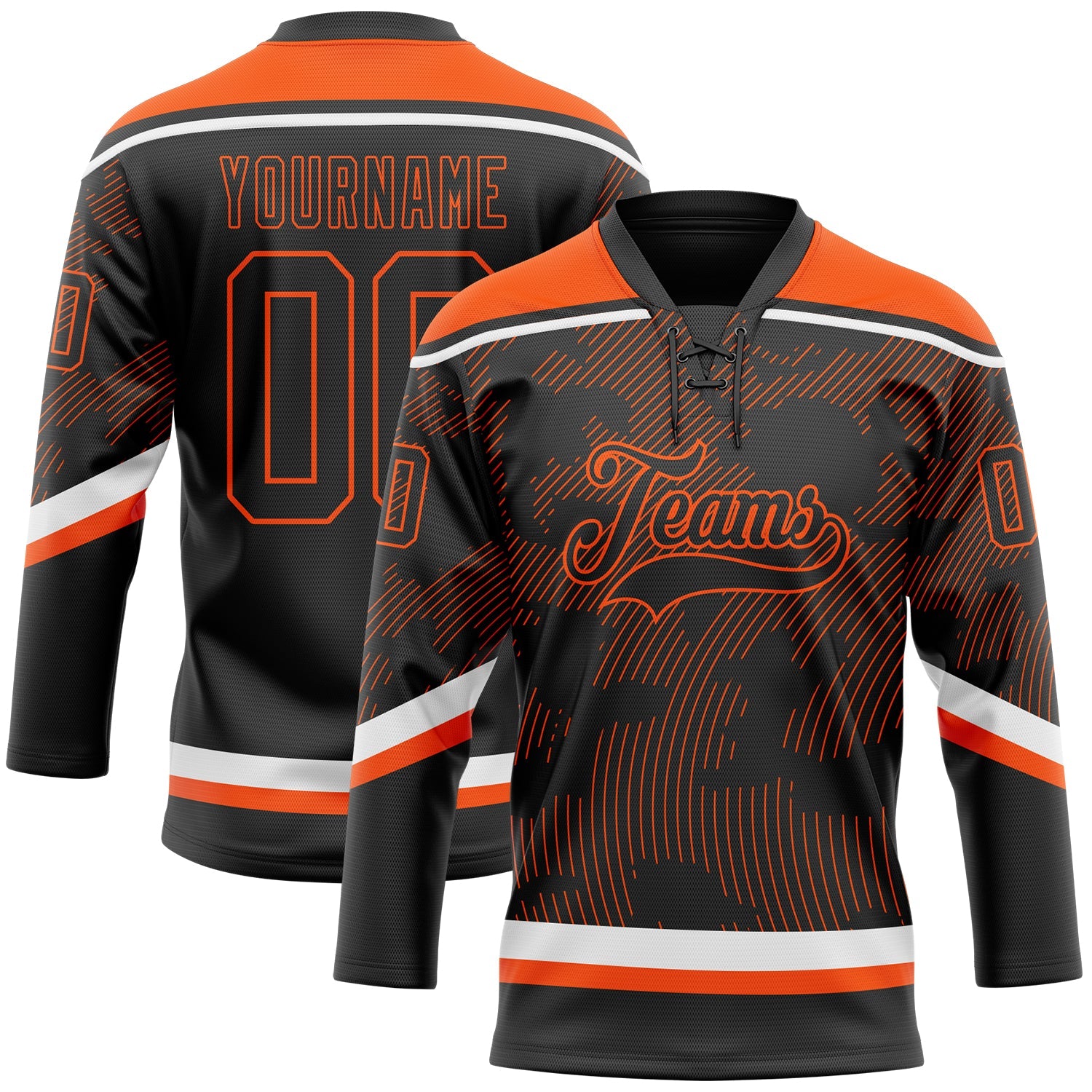 Custom Black Orange-White 3D Pattern Curve Lines Hockey Lace Neck Jersey - Main View