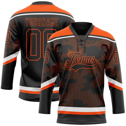 Custom Black Orange-White 3D Pattern Curve Lines Hockey Lace Neck Jersey - Main View