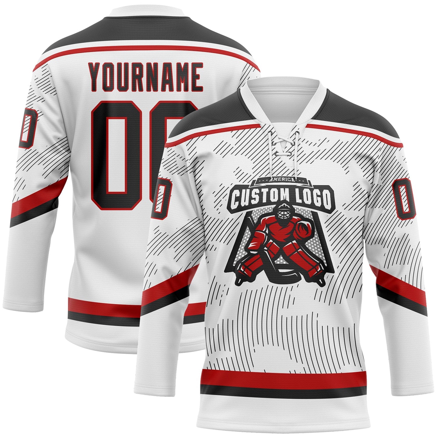 Custom White Black-Red 3D Pattern Curve Lines Hockey Lace Neck Jersey view 2