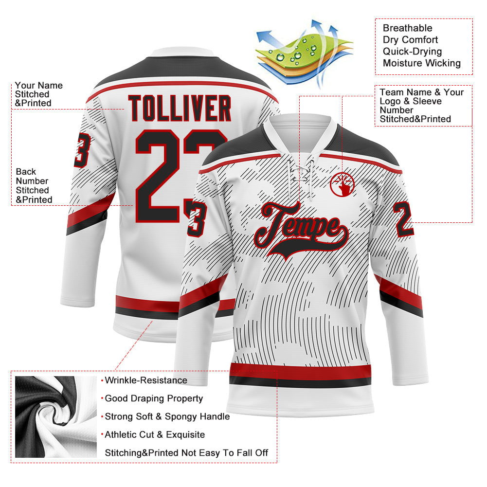 Custom White Black-Red 3D Pattern Curve Lines Hockey Lace Neck Jersey view 3